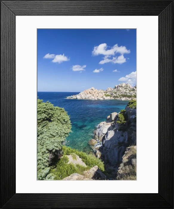 Framed Print : Green plants frame the pristine blue sea and cliffs Capo Testa Santa Teresa di Gallura Framed Print : Green plants frame the pristine blue sea and cliffs Capo Testa Santa Teresa di Gallura