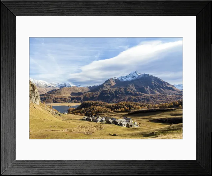 Framed Print : Huts and Lake Sils framed by the colorful woods in autumn Grevasalvas Upper Engadine Framed Print : Huts and Lake Sils framed by the colorful woods in autumn Grevasalvas Upper Engadine