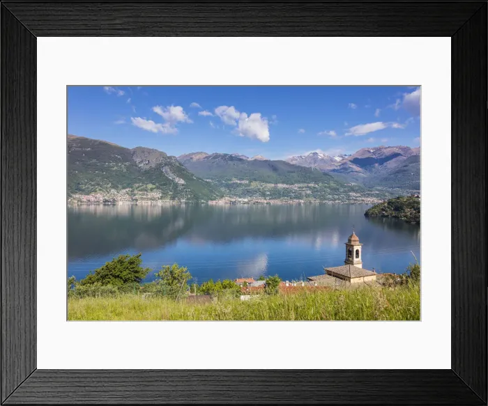 Framed Print : View of the bell tower and village of Dorio surrounded by Lake Como Province of Lecco Framed Print : View of the bell tower and village of Dorio surrounded by Lake Como Province of Lecco