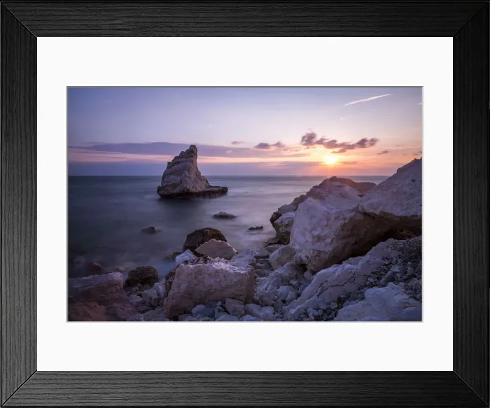 Framed Print : Cliffs and sea framed by the pink sky at sunrise La Vela Beach Portonovo province Framed Print : Cliffs and sea framed by the pink sky at sunrise La Vela Beach Portonovo province