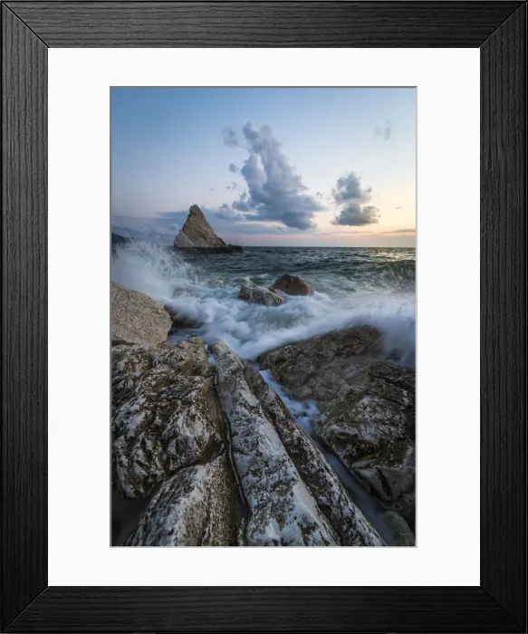Framed Print : The lights of dusk on the waves crashing on cliffs La Vela Beach Portonovo province Framed Print : The lights of dusk on the waves crashing on cliffs La Vela Beach Portonovo province
