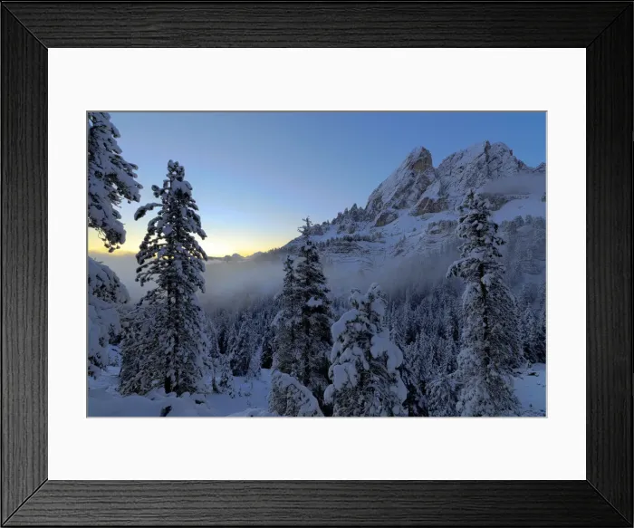 Framed Print : First lights of dawn on the snowy woods framing Sass De Putia Passo Delle Erbe Funes Framed Print : First lights of dawn on the snowy woods framing Sass De Putia Passo Delle Erbe Funes