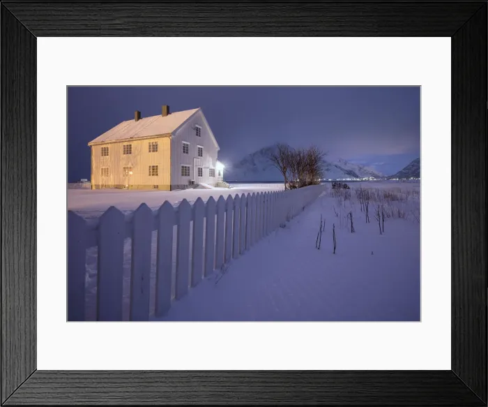 Framed Print : Lights on the typical wooden house surrounded by snow Flakstad Lofoten Islands Northern Framed Print : Lights on the typical wooden house surrounded by snow Flakstad Lofoten Islands Northern