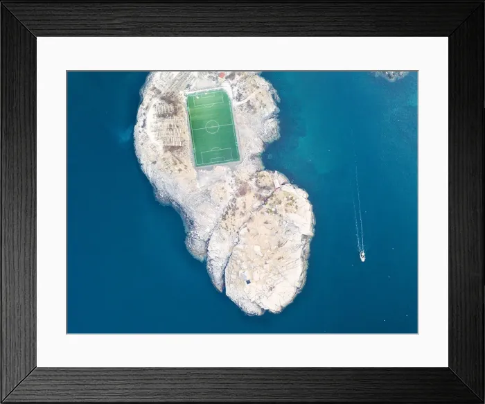 Framed Print : Aerial view of soccer field on islet, Henningsvaer, Vagan municipality, Lofoten Islands Framed Print : Aerial view of soccer field on islet, Henningsvaer, Vagan municipality, Lofoten Islands