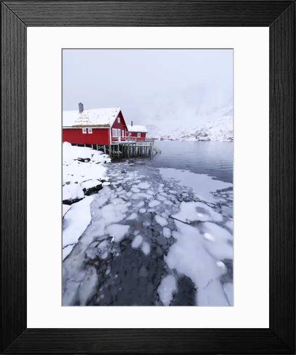 Framed Print : Traditional fishermans huts (Rorbu) on the icy sea, Reine Bay, Lofoten Islands Framed Print : Traditional fishermans huts (Rorbu) on the icy sea, Reine Bay, Lofoten Islands