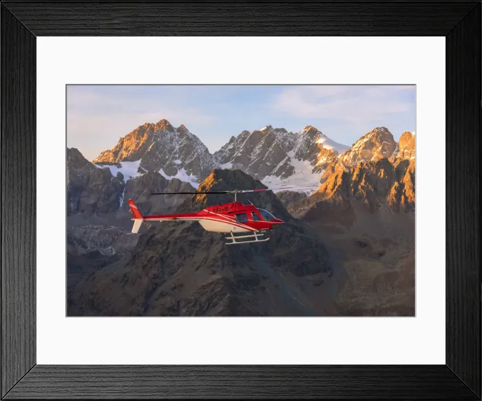 Framed Print : Aerial view of helicopter in flight on peaks of the Bernina Group, border of Italy Framed Print : Aerial view of helicopter in flight on peaks of the Bernina Group, border of Italy
