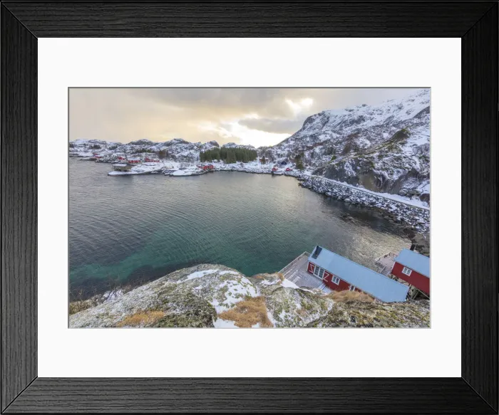 Framed Print : Elevated view of fishing village and sea, Nusfjord, Lofoten Islands, Norway Framed Print : Elevated view of fishing village and sea, Nusfjord, Lofoten Islands, Norway
