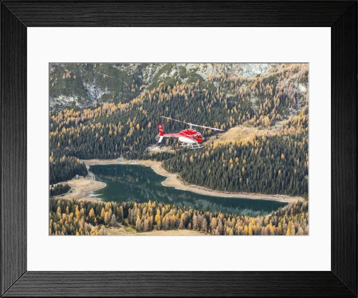 Framed Print : Aerial view of helicopter in flight on Lake Pal√πduring autumn Framed Print : Aerial view of helicopter in flight on Lake Pal√πduring autumn