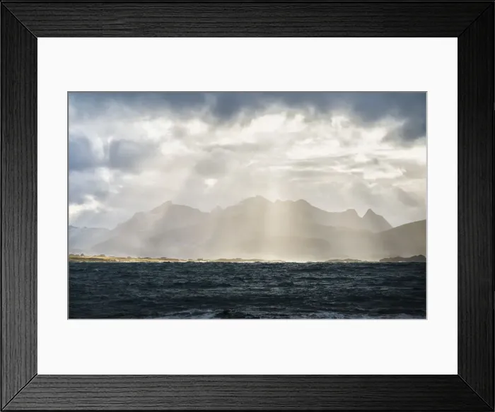 Framed Print : Sun rays on Flakstadoya seen from Vareid, Nordland, Lofoten Islands, Norway Framed Print : Sun rays on Flakstadoya seen from Vareid, Nordland, Lofoten Islands, Norway