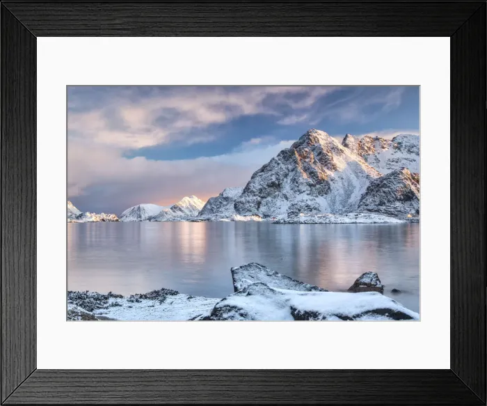 Framed Print : Fiord Hanningsvaer and peak Festvantind painted by the pink light at sunrise Framed Print : Fiord Hanningsvaer and peak Festvantind painted by the pink light at sunrise