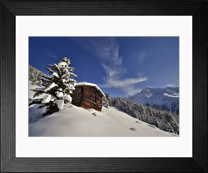 Framed Print : A typical mountain hut in Plazzanec over Santa Caterina Valfurva after a snowfall Framed Print : A typical mountain hut in Plazzanec over Santa Caterina Valfurva after a snowfall