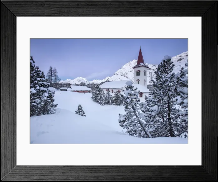 Framed Print : Freezing winter sunrise at the Saint Gaudenzios church at the Maloja Pass after Framed Print : Freezing winter sunrise at the Saint Gaudenzios church at the Maloja Pass after