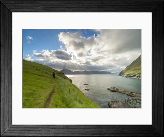 Framed Print : Hiker on grass hill oceanfront, Gjogv, Eysturoy island, Faroe Islands, Denmark (MR) Framed Print : Hiker on grass hill oceanfront, Gjogv, Eysturoy island, Faroe Islands, Denmark (MR)