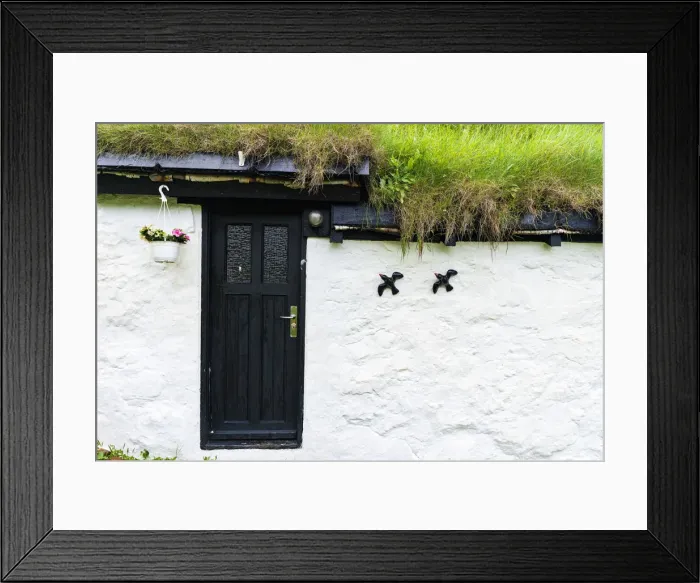 Framed Print : Flowerpot and ornaments on facade of iconic house with grass roof, Mykines island Framed Print : Flowerpot and ornaments on facade of iconic house with grass roof, Mykines island