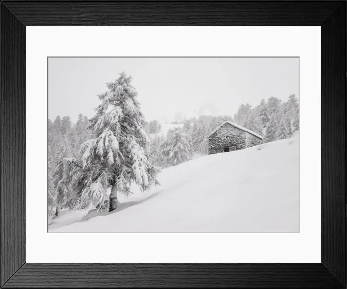 Framed Print : Rural pasture under the snow at Alpe Olano, Valgerola, Valtellina, Lombardy, Italy, Alps