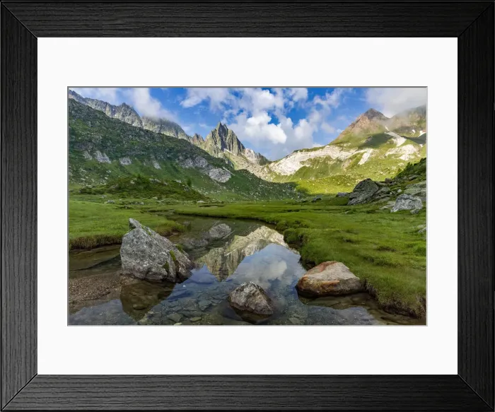 Framed Print : Pizzo Prevat mount reflection in a alpine stream near Capanna Leit, Valle Leventina Framed Print : Pizzo Prevat mount reflection in a alpine stream near Capanna Leit, Valle Leventina