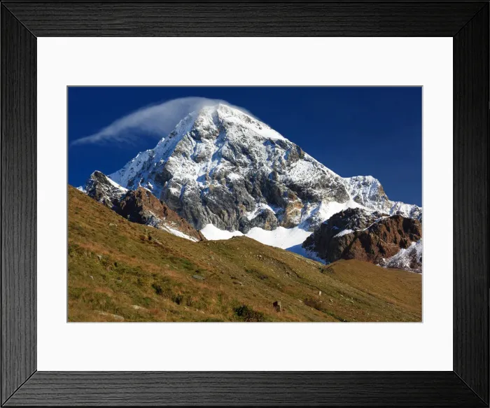 Framed Print : Konigsspitze - Gran Zebru mountain after a summer snowfall, near Rifugio Pizzini hut, Val Cedec, Valfurva, Valtellina, Province of Sondrio, Lombardy, Italy
