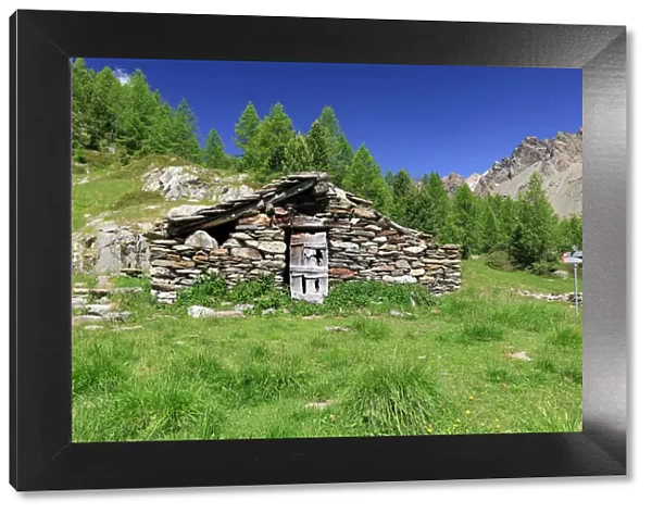 Old alpine hut at Alpe Zana, Valmalenco, Province of Sondrio, Lombardy, Italy, Europe