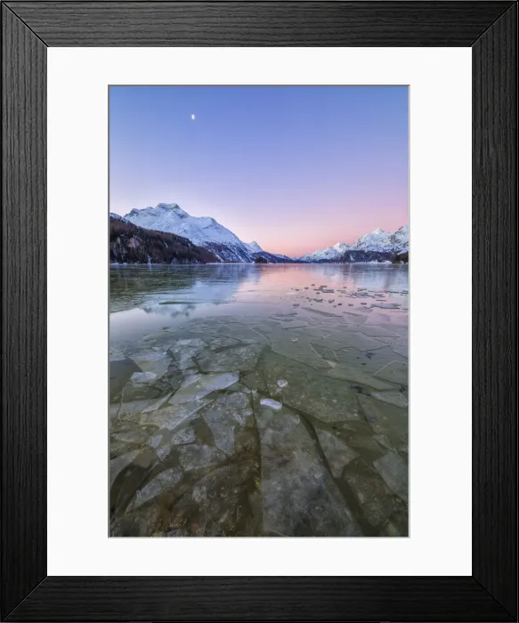 Framed Print : Sheets of ice on the surface of Lake Sils in a cold winter morning at dawn Upper Engadine