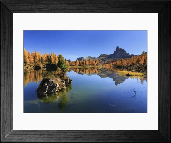 Framed Print : Small rock island emerging from Lago Federa lake with Becco di Mezzoda in the background Framed Print : Small rock island emerging from Lago Federa lake with Becco di Mezzoda in the background
