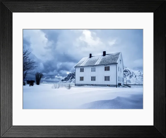Framed Print : A solitary house at dusk in the snow capped village of Flakstad. Lofoten islands. Norway Framed Print : A solitary house at dusk in the snow capped village of Flakstad. Lofoten islands. Norway