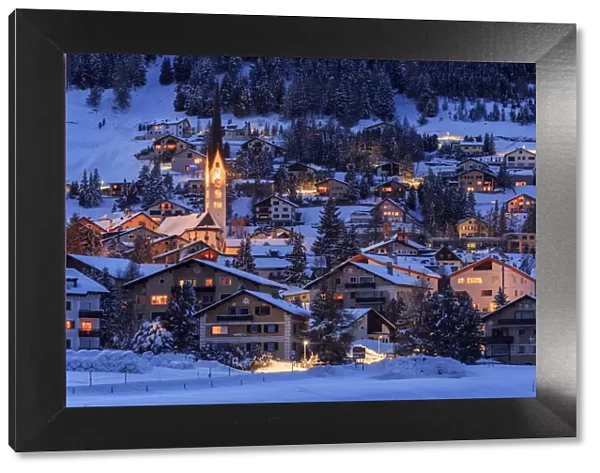 The village of Zuoz, in Engadin, during a very cold nigth of winter, Grisons, Switzerland