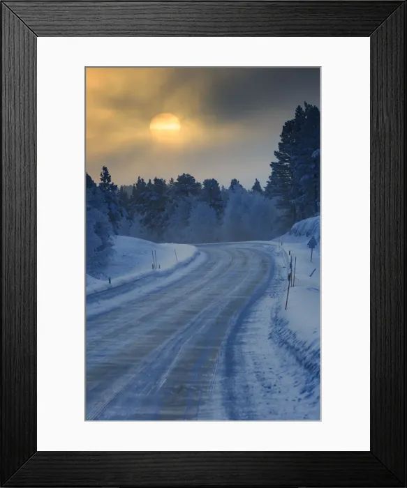 Framed Print : Setting sun photographed along a road near Muonio, Lapland, Finland Framed Print : Setting sun photographed along a road near Muonio, Lapland, Finland
