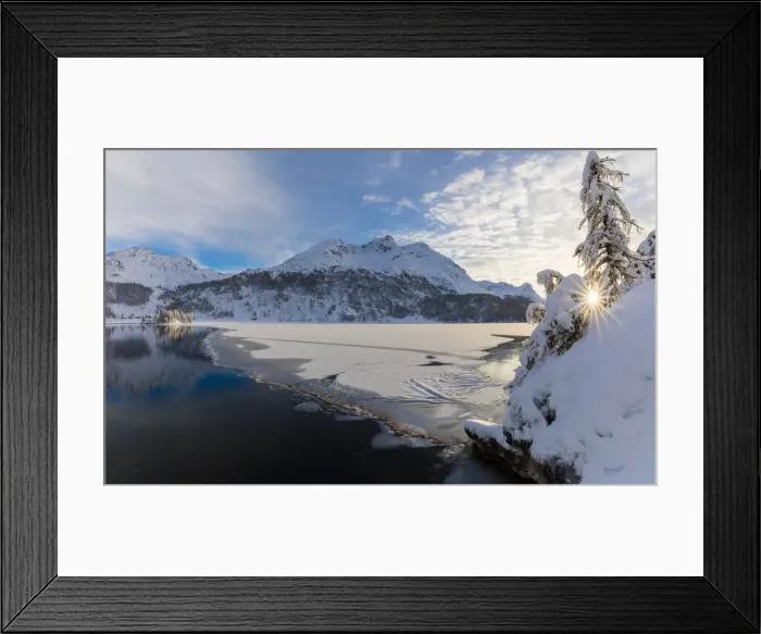 Framed Print : Panoramic of frozen Lake Sils, Plaun da Lej, Maloja Region, Canton of Graubunden, Engadin Framed Print : Panoramic of frozen Lake Sils, Plaun da Lej, Maloja Region, Canton of Graubunden, Engadin