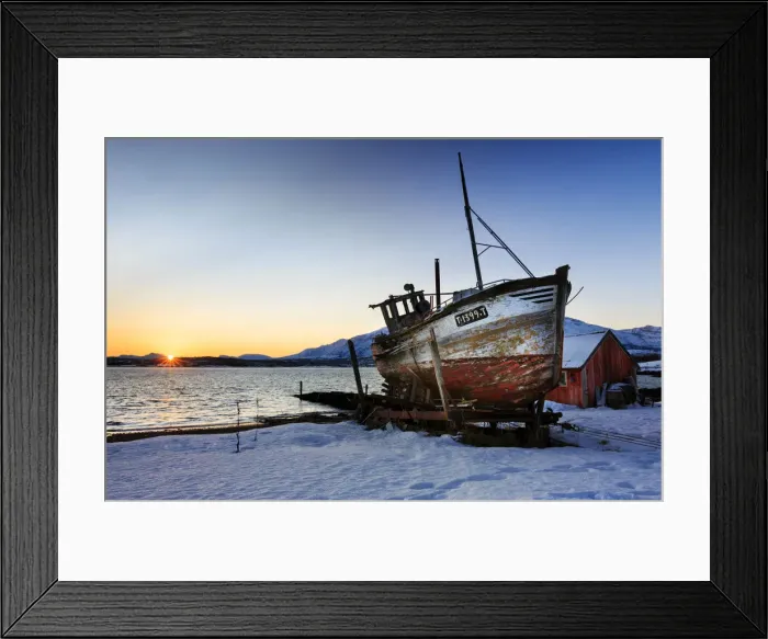 Framed Print : Shipwreck on the shore of Tromso fiord at sunrise, troms, norway Framed Print : Shipwreck on the shore of Tromso fiord at sunrise, troms, norway