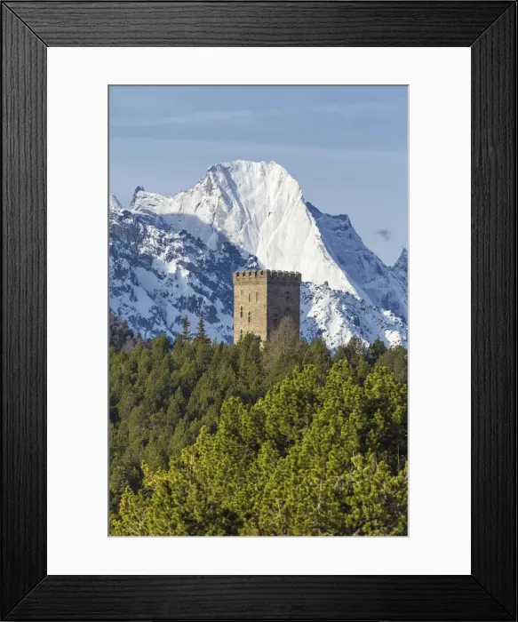 Framed Print : The Belvedere Tower frames the snowy peaks and Peak Badile on a spring day Maloja Framed Print : The Belvedere Tower frames the snowy peaks and Peak Badile on a spring day Maloja