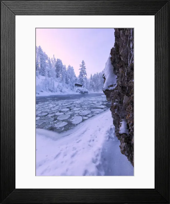 Framed Print : Sunrise on frozen water and forest at Myllykoski, Juuma, Oulanka National Park, Kuusamo Framed Print : Sunrise on frozen water and forest at Myllykoski, Juuma, Oulanka National Park, Kuusamo