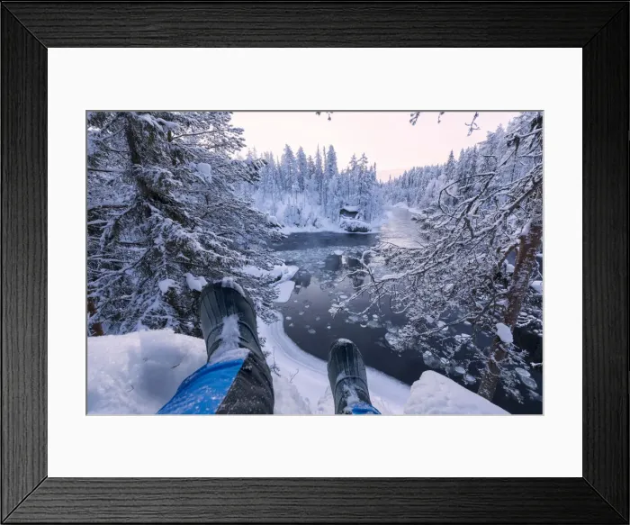 Framed Print : Hiker rests on the snow above Myllykoski rapids, Juuma, Oulanka National Park, Kuusamo Framed Print : Hiker rests on the snow above Myllykoski rapids, Juuma, Oulanka National Park, Kuusamo