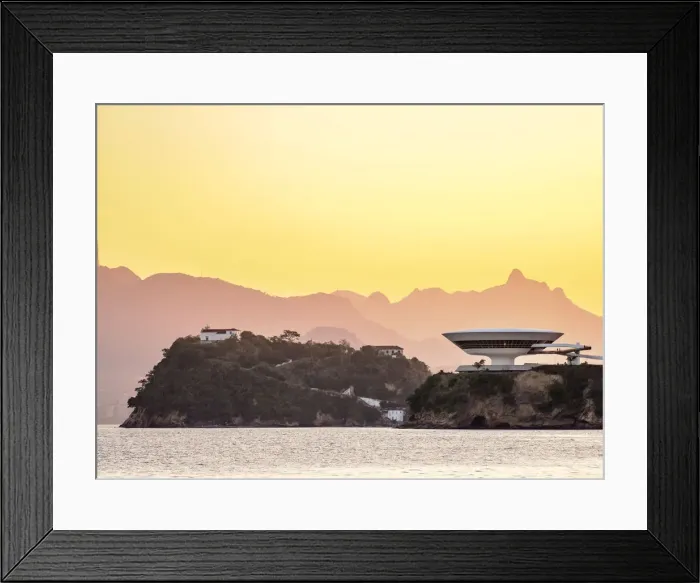 Framed Print : View towards Niteroi Contemporary Art Museum MAC and Boa Viagem Island at sunset, Niteroi Framed Print : View towards Niteroi Contemporary Art Museum MAC and Boa Viagem Island at sunset, Niteroi