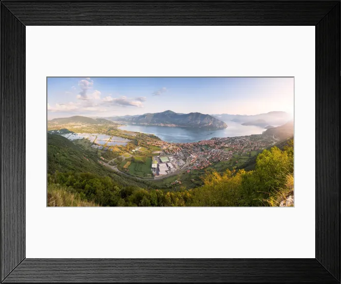 Framed Print : Panoramic view at dawn over Iseo lake, Brescia province in Lombardy district, Italy