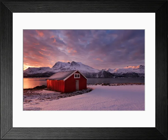 Framed Print : Typical norvegian fishing cottage ad dawn on a fjord near Tromso, Troms, Norway