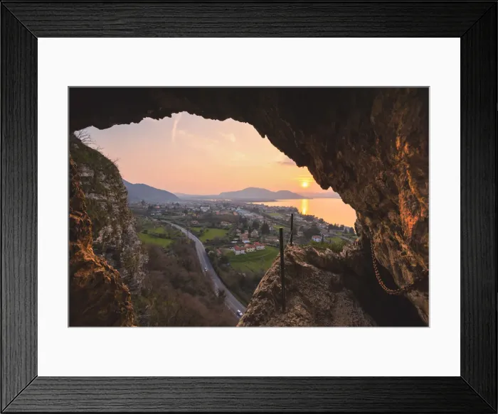 Framed Print : Iseo seen from a cave at sunset, Iseo lake, Lombardy district, Brescia province, Italy Framed Print : Iseo seen from a cave at sunset, Iseo lake, Lombardy district, Brescia province, Italy