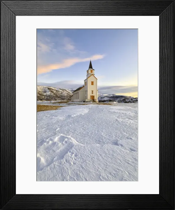Framed Print : Typical church with Lyngen Alps, Mestervik, Troms county, Norway Framed Print : Typical church with Lyngen Alps, Mestervik, Troms county, Norway