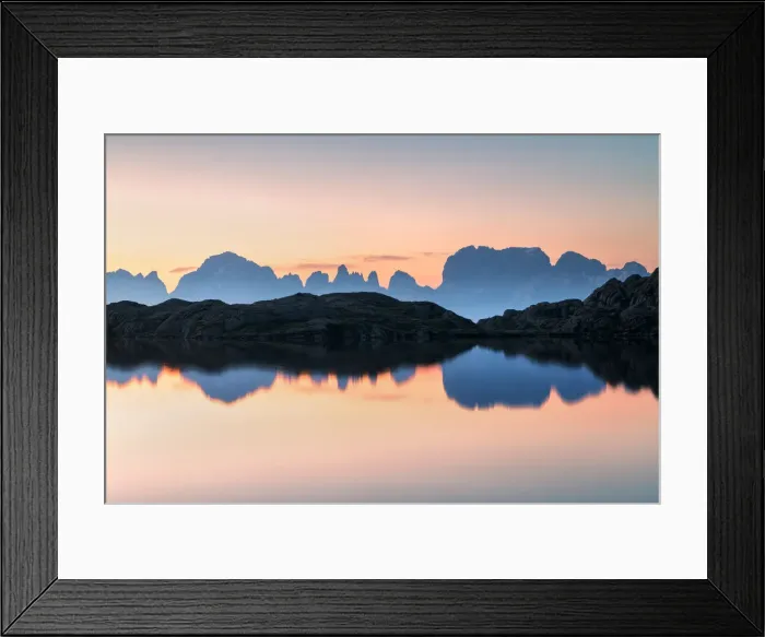 Framed Print : Brenta dolomites at dawn reflected in Lago Nero di Cornisello, Trentino Alto Adige, Italy
