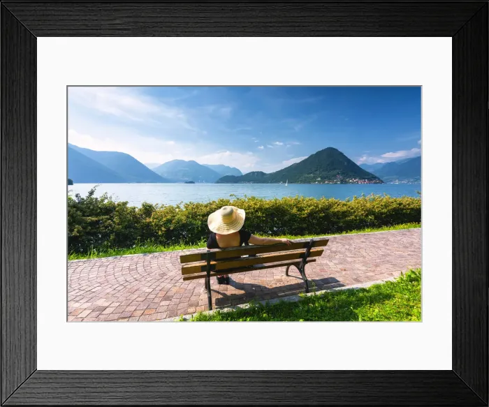 Framed Print : Woman on the bench in Iseo lake, Lombardy district, Brescia province, Italy. (MR) Framed Print : Woman on the bench in Iseo lake, Lombardy district, Brescia province, Italy. (MR)