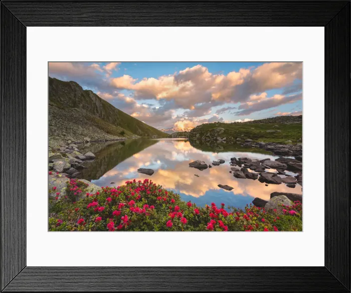 Framed Print : Grom lake at sunset, Mortirolo pass in Lombardy district, Brescia province, Italy Framed Print : Grom lake at sunset, Mortirolo pass in Lombardy district, Brescia province, Italy