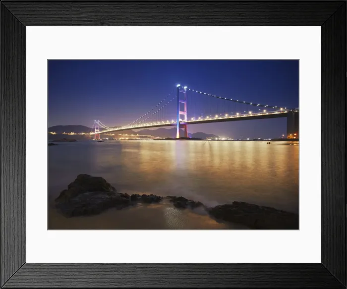 Framed Print : Tsing Ma bridge at dusk, Ma Wan, Hong Kong, China Framed Print : Tsing Ma bridge at dusk, Ma Wan, Hong Kong, China