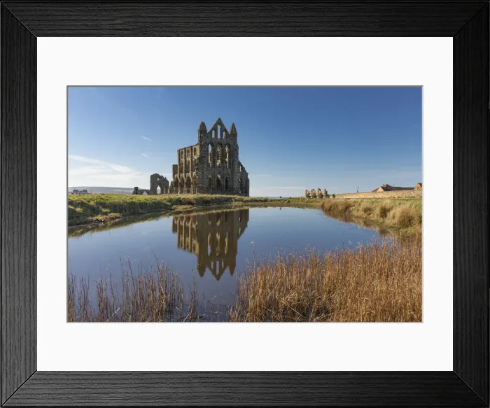 Framed Print : Ruins of Whitby Abbey reflected in a pool, Whitby, North Yorkshire, England, United