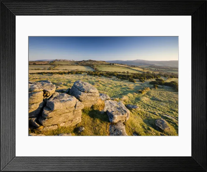 Framed Print : Looking northeast from a granite outcrop at Mel Tor, Dartmoor National Park, Devon Framed Print : Looking northeast from a granite outcrop at Mel Tor, Dartmoor National Park, Devon