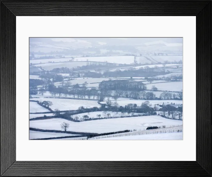 Framed Print : Snow covered mid Devon countryside in Winter near Crediton. February 2009 Framed Print : Snow covered mid Devon countryside in Winter near Crediton. February 2009