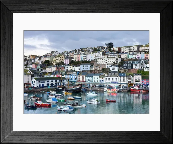 Framed Print : Fishing vessels and small yachts accompany the Golden Hind, at anchor in Brixham Harbour