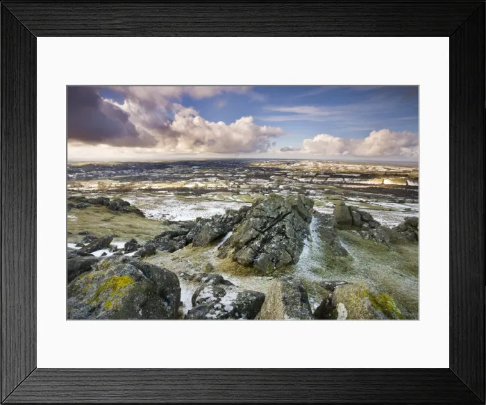 Framed Print : Sourton Tor backed by snow dusted countryside, Dartmoor National Park, Devon, England Framed Print : Sourton Tor backed by snow dusted countryside, Dartmoor National Park, Devon, England