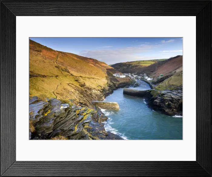 Framed Print : Boscastle harbour and village, viewed from Penally Hill Framed Print : Boscastle harbour and village, viewed from Penally Hill