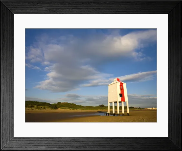 Framed Print : Wooden lighthouse on the sandy beach at Burnham-on-Sea, Somerset, England. Spring