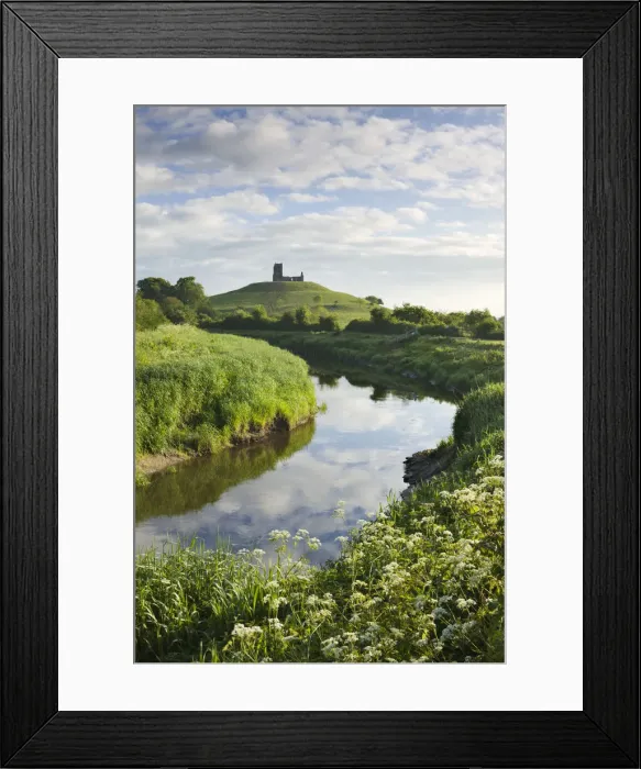 Framed Print : River Tone meandering towards Burrow Mump and the ruined church on its summit Framed Print : River Tone meandering towards Burrow Mump and the ruined church on its summit