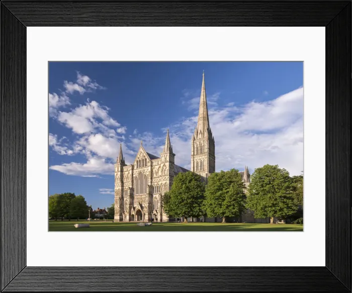 Framed Print : Evening sunshine glows on the ornate facade of Salisbury Cathedral, Wiltshire, England